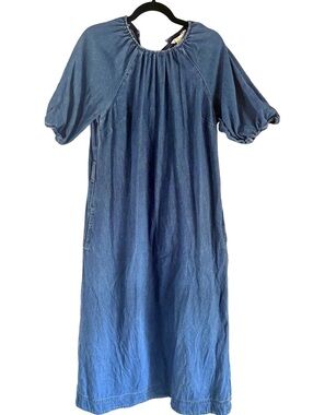 Boden Blue Denim Midi Dress with Puff Sleeves, Size UK 10 / US 6